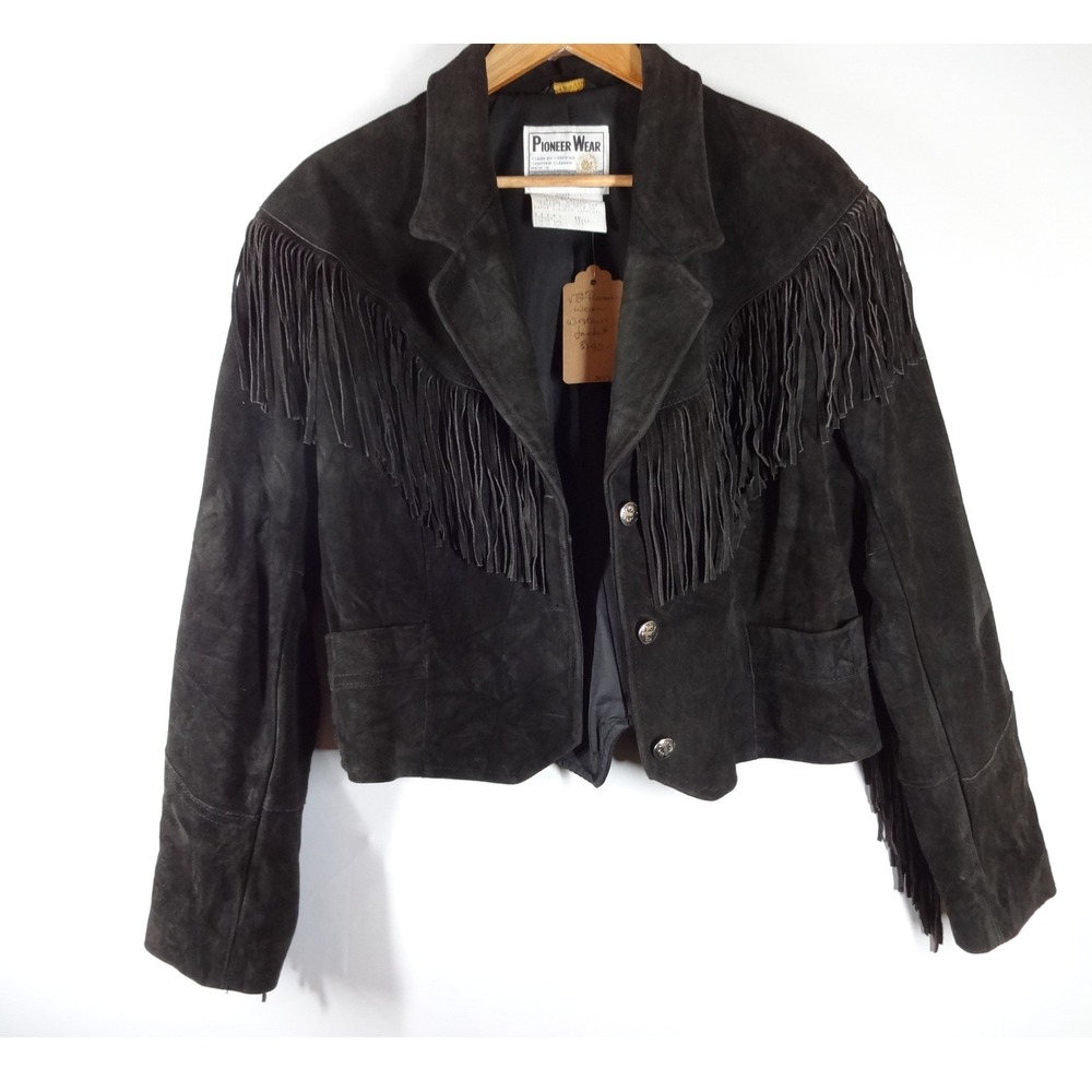 VTG Pioneer Wear Western Jacket 12 Black Suede Fringe Cropped Rodeo Cowgirl Boho